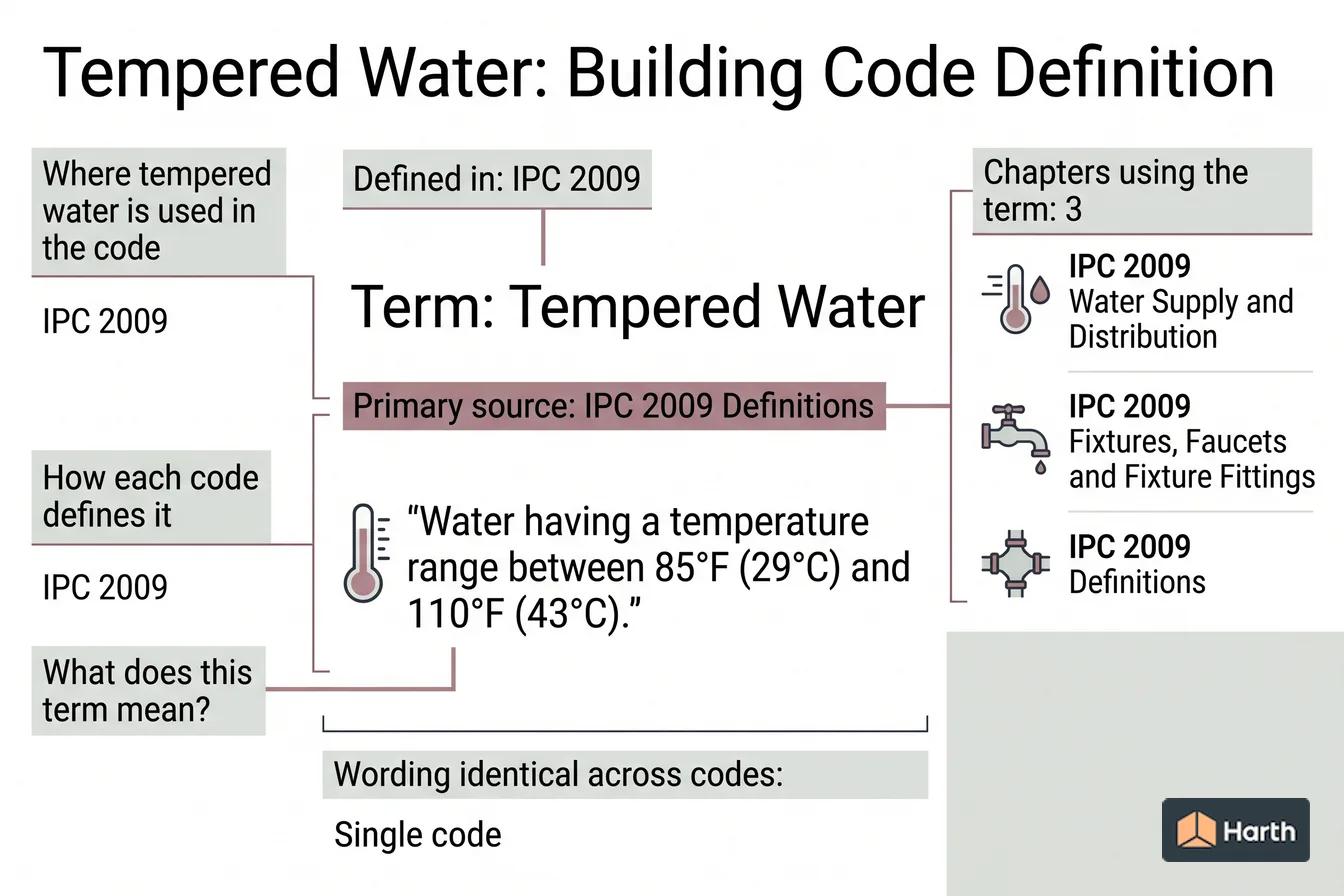 Labeled code-term definition diagram: Tempered Water: Building Code Definition