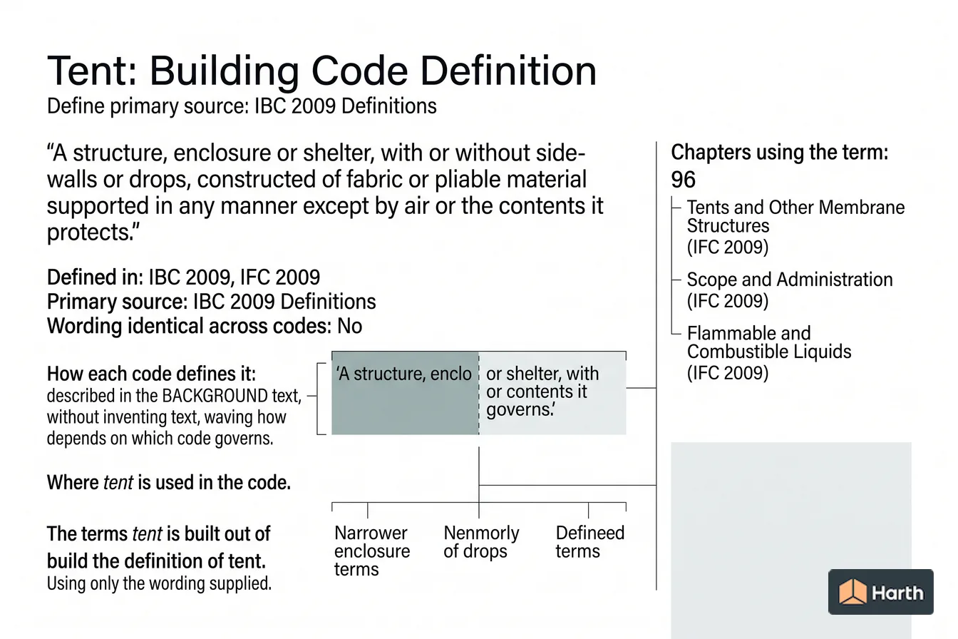 Labeled code-term definition diagram: Tent: Building Code Definition