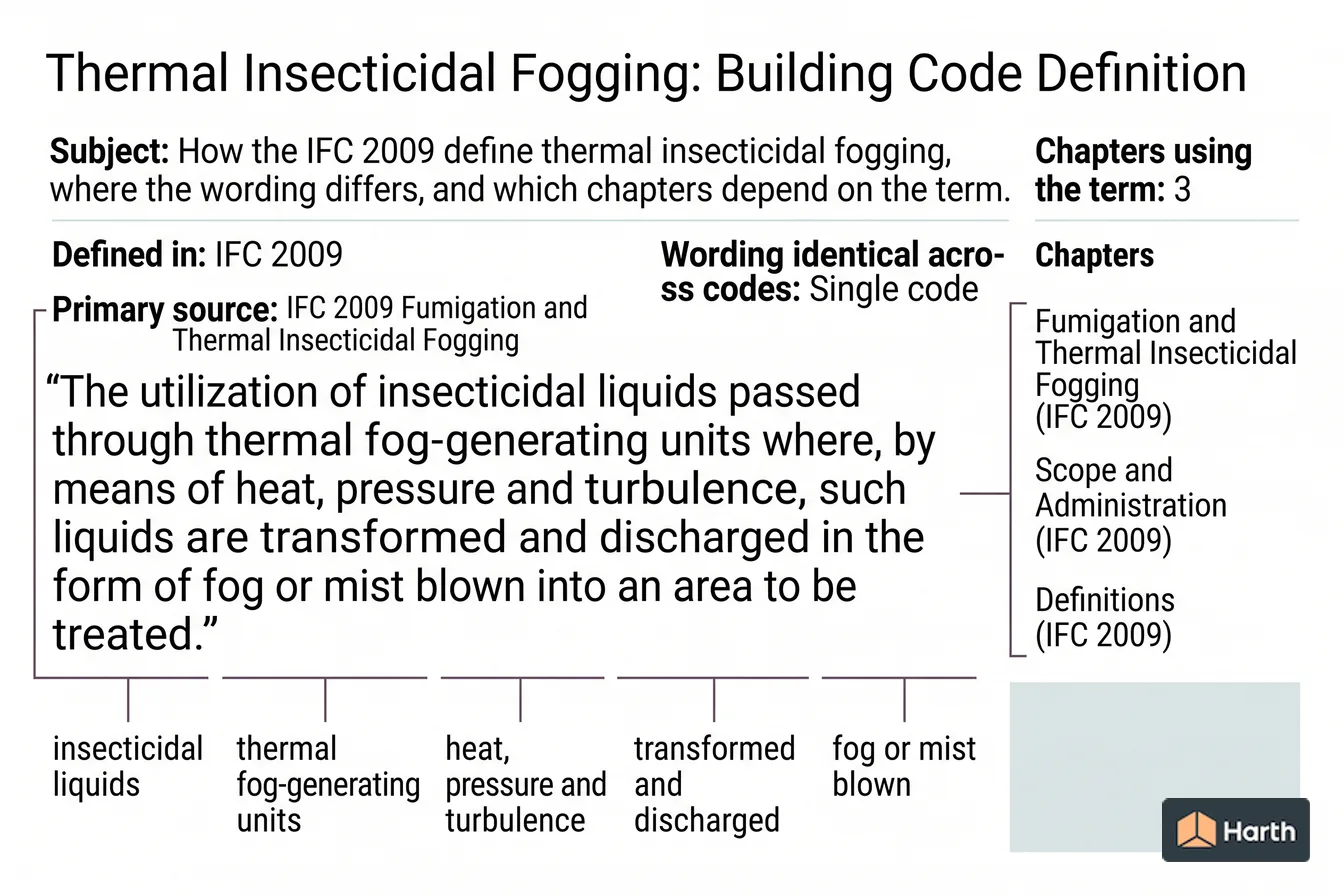 Labeled code-term definition diagram: Thermal Insecticidal Fogging: Building Code Definition