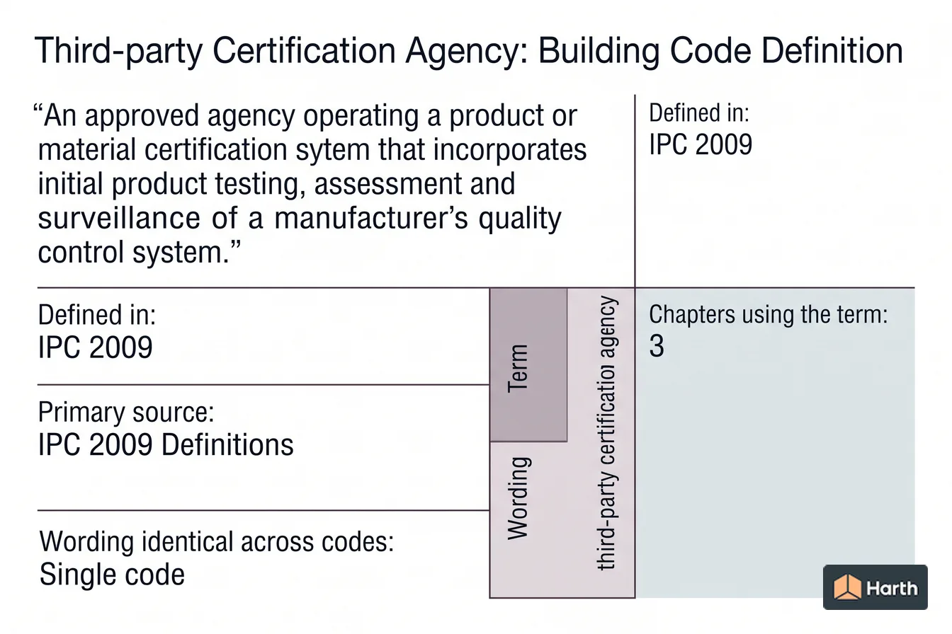 Labeled code-term definition diagram: Third-party Certification Agency: Building Code Definition
