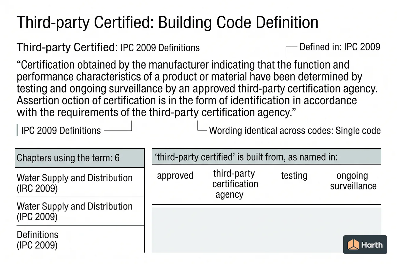 Labeled code-term definition diagram: Third-party Certified: Building Code Definition