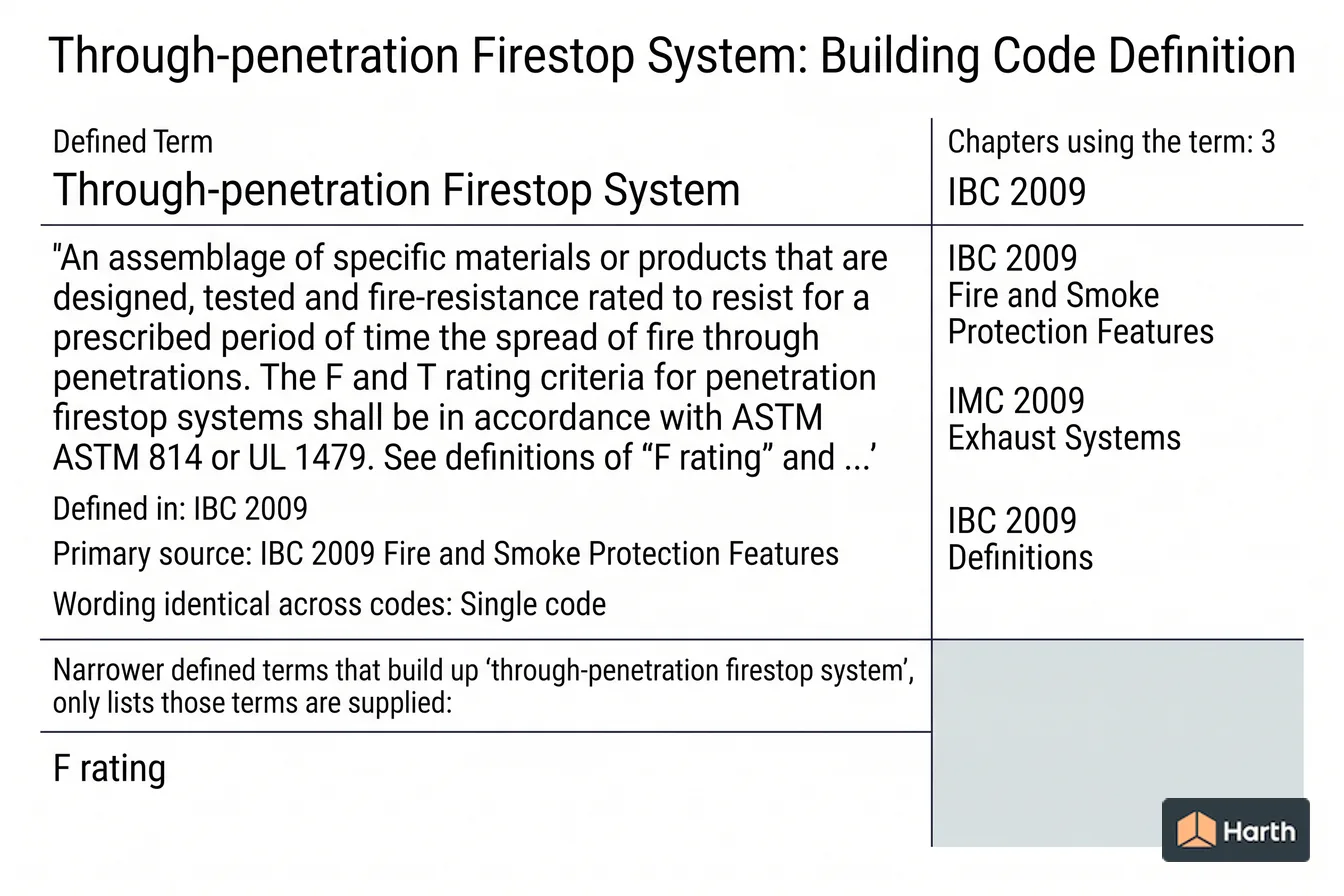 Labeled code-term definition diagram: Through-penetration Firestop System: Building Code Definition