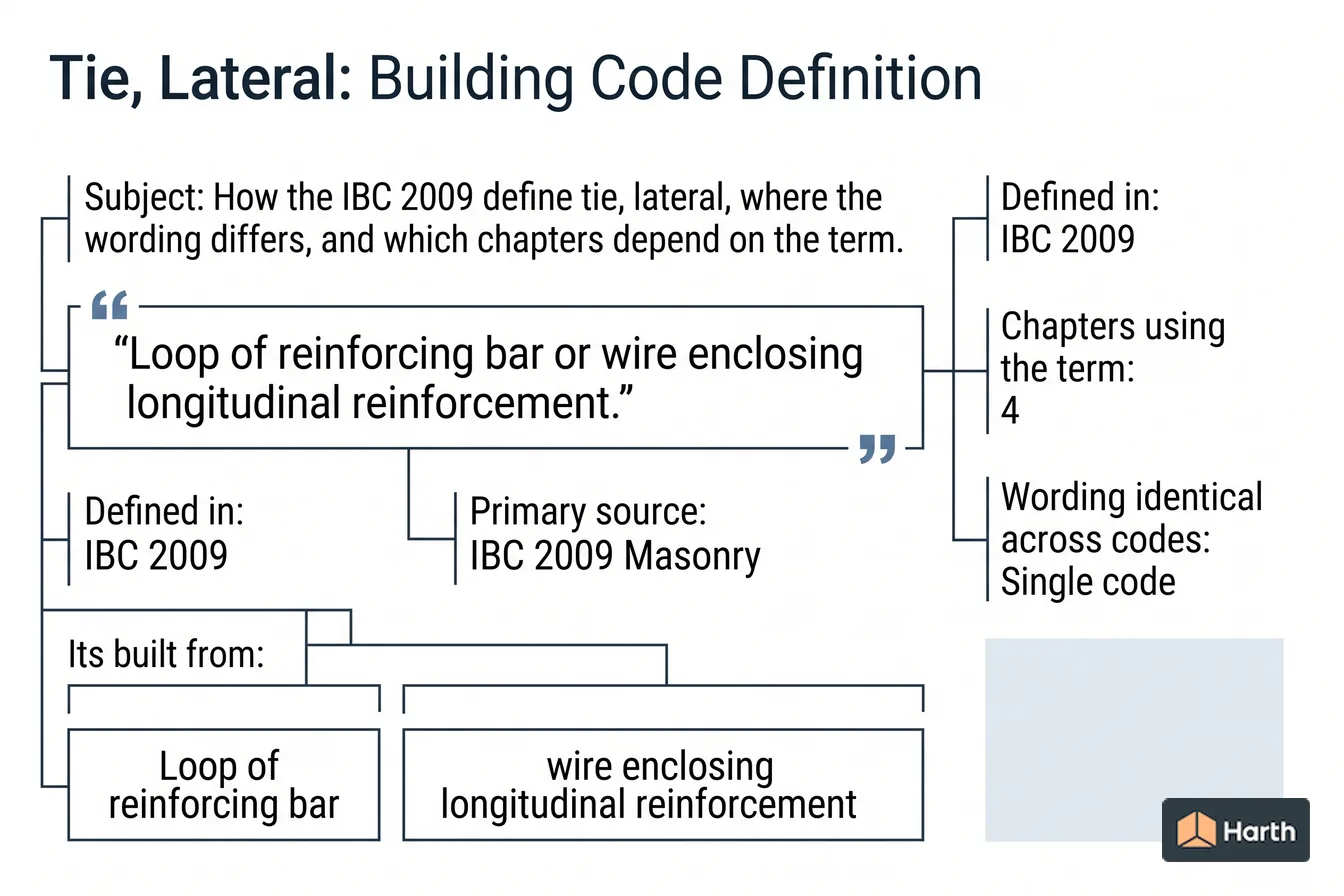 Labeled code-term definition diagram: Tie, Lateral: Building Code Definition