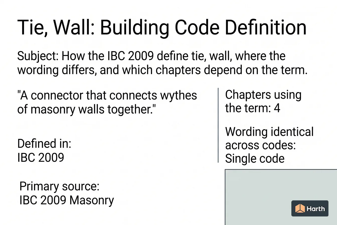 Labeled code-term definition diagram: Tie, Wall: Building Code Definition