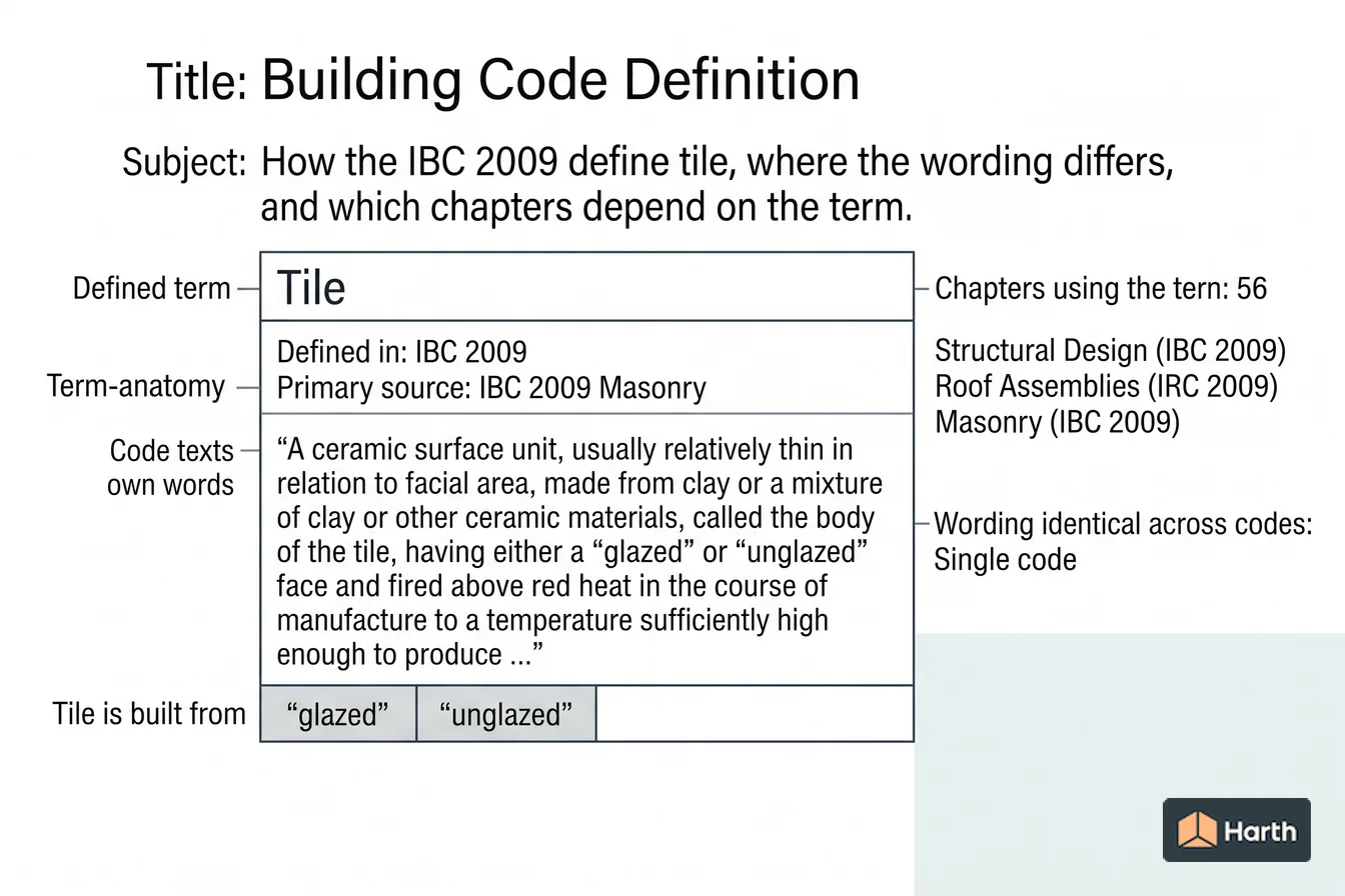Labeled code-term definition diagram: Tile: Building Code Definition