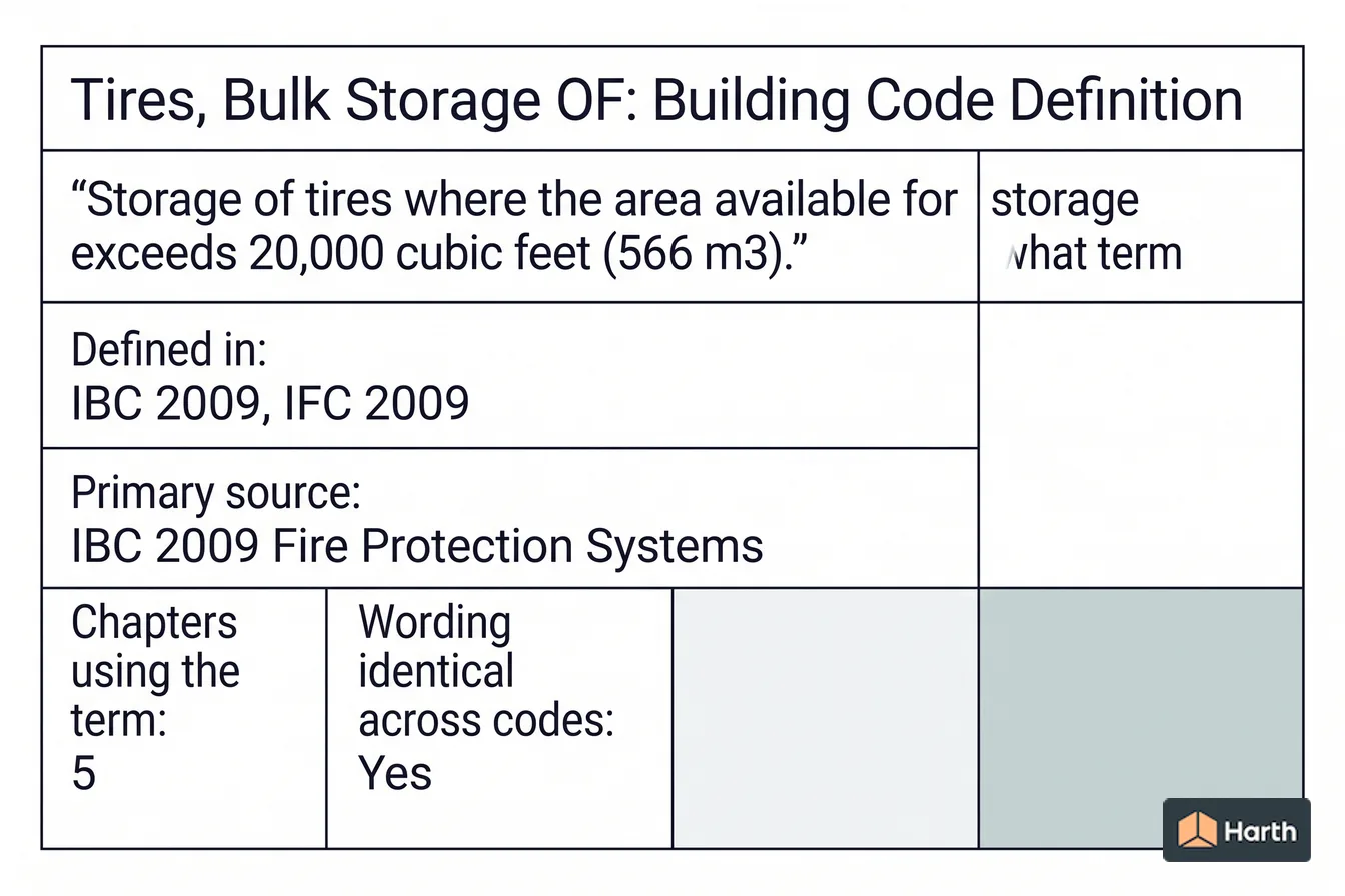 Labeled code-term definition diagram: Tires, Bulk Storage OF: Building Code Definition