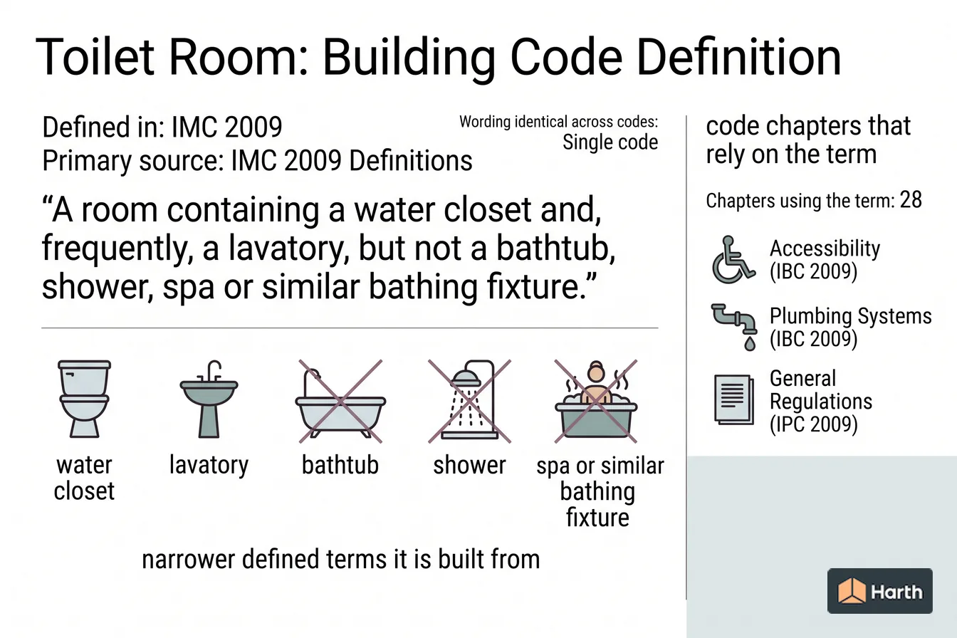 Labeled code-term definition diagram: Toilet Room: Building Code Definition