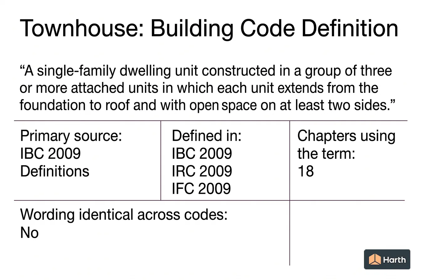 Labeled code-term definition diagram: Townhouse: Building Code Definition