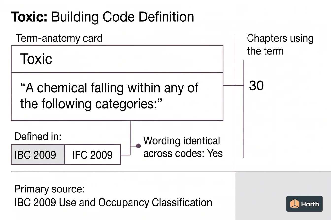 Labeled code-term definition diagram: Toxic: Building Code Definition
