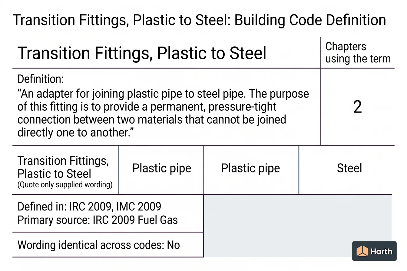 Labeled code-term definition diagram: Transition Fittings, Plastic to Steel: Building Code Definition