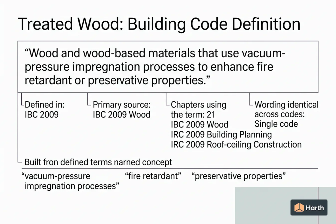 Labeled code-term definition diagram: Treated Wood: Building Code Definition