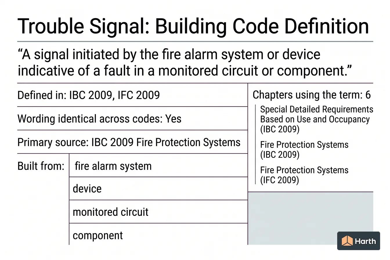 Labeled code-term definition diagram: Trouble Signal: Building Code Definition