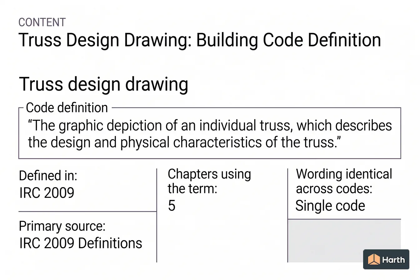 Labeled code-term definition diagram: Truss Design Drawing: Building Code Definition