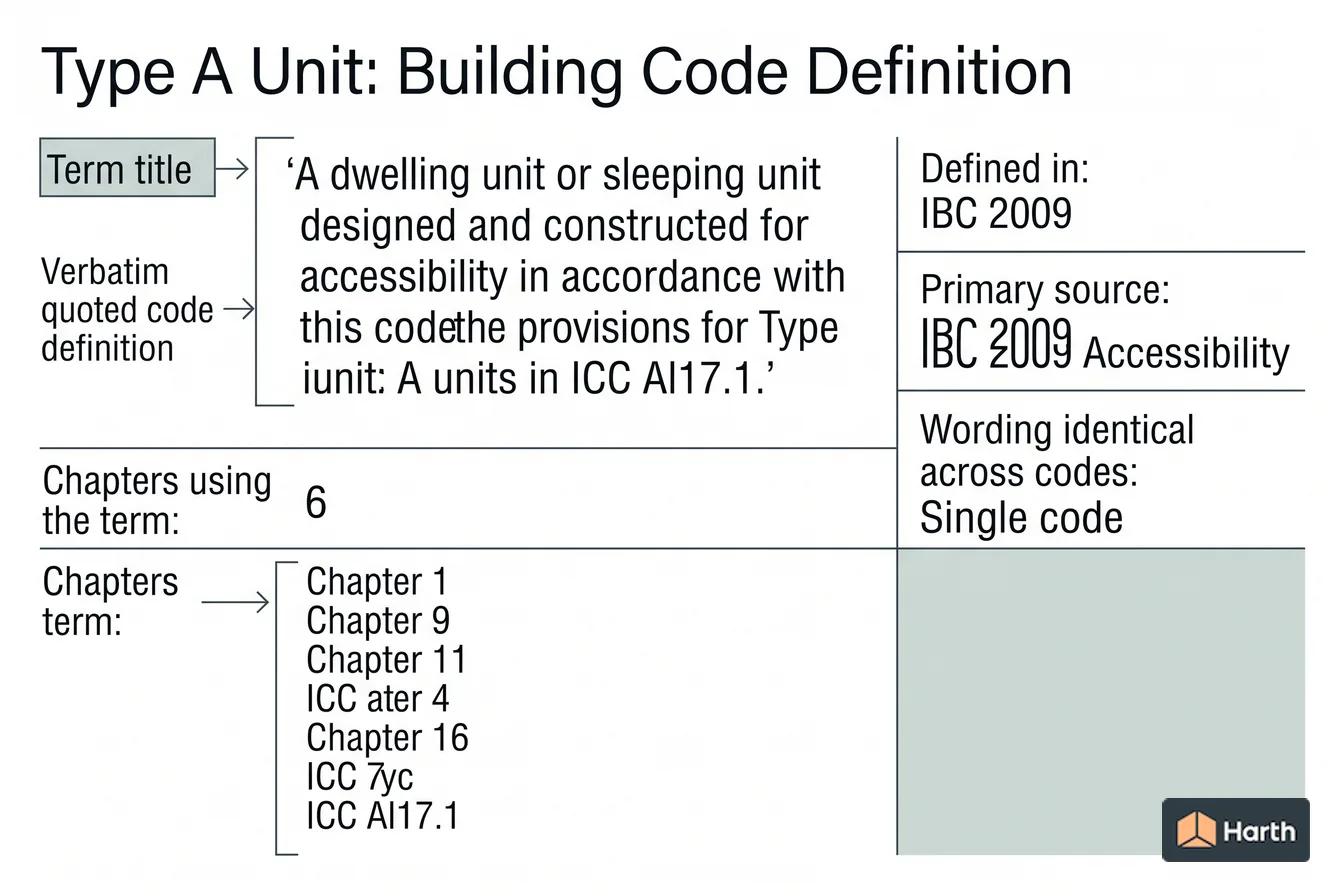 Labeled code-term definition diagram: Type A Unit: Building Code Definition