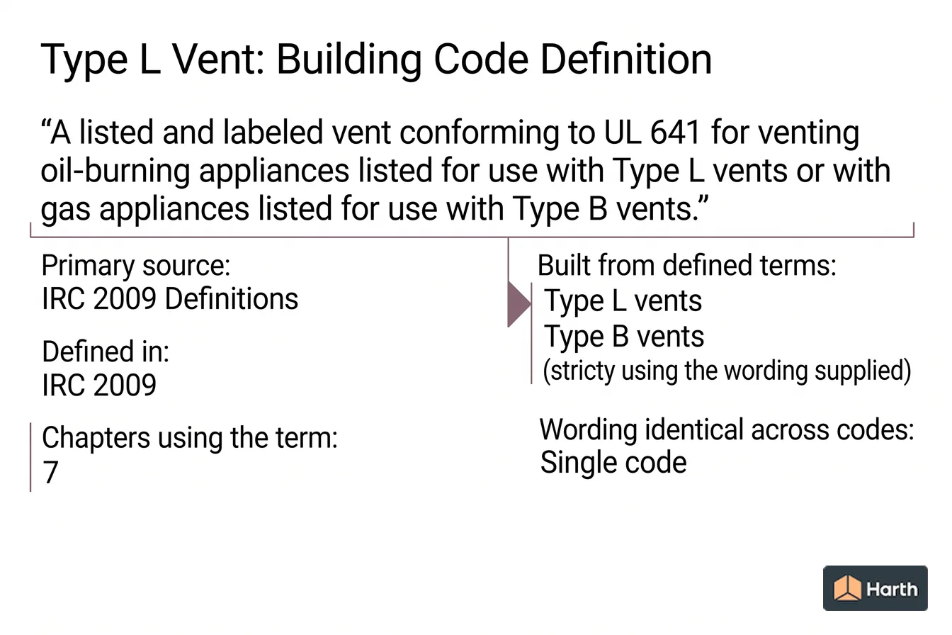 Labeled code-term definition diagram: Type L Vent: Building Code Definition