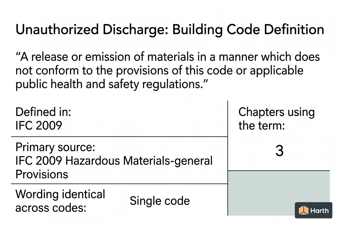Labeled code-term definition diagram: Unauthorized Discharge: Building Code Definition