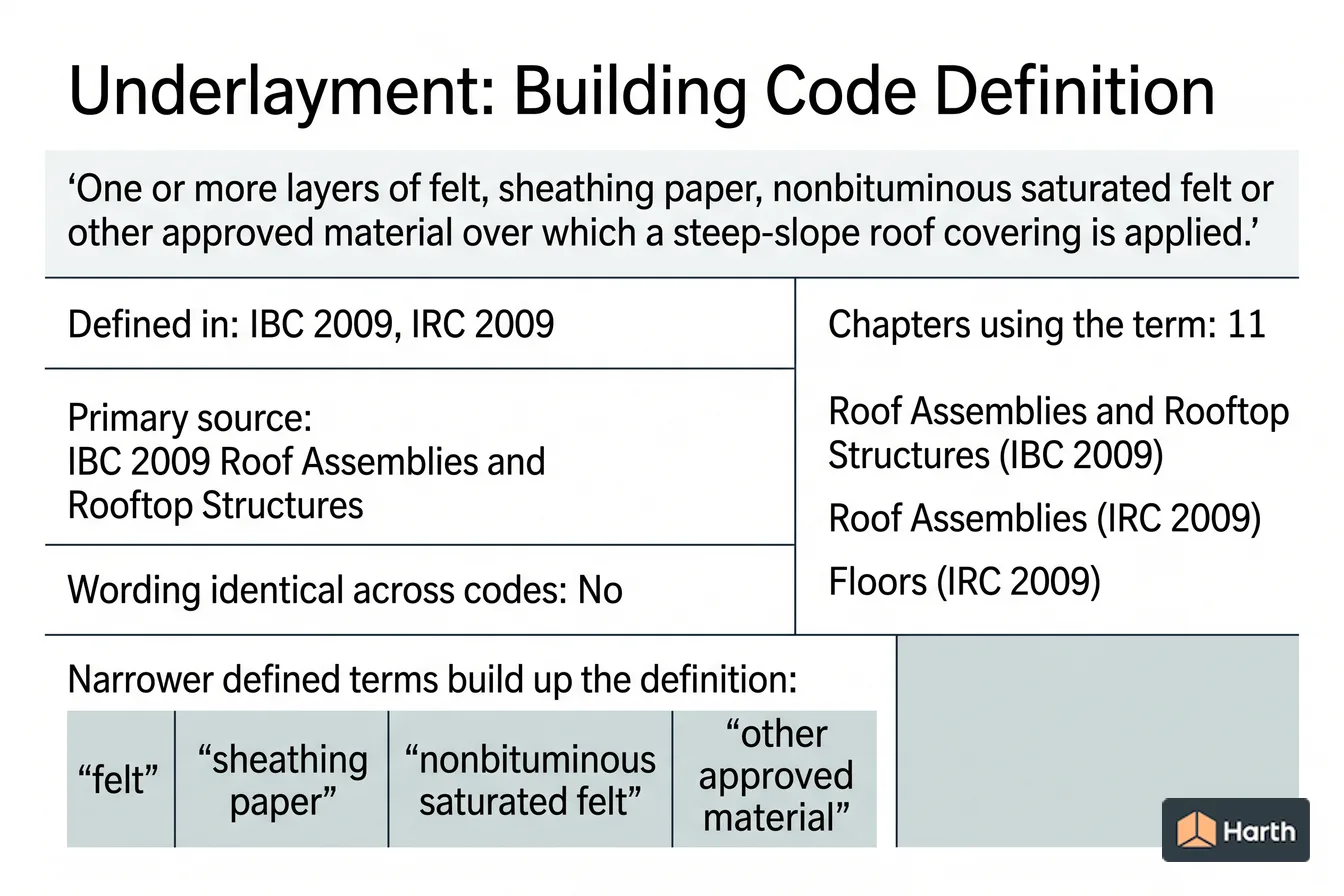 Labeled code-term definition diagram: Underlayment: Building Code Definition