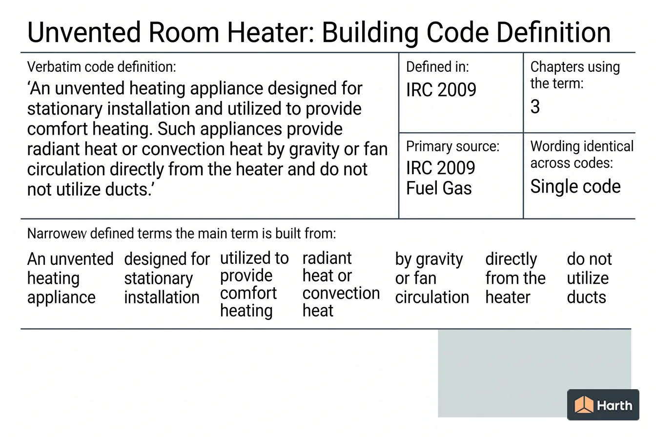 Labeled code-term definition diagram: Unvented Room Heater: Building Code Definition