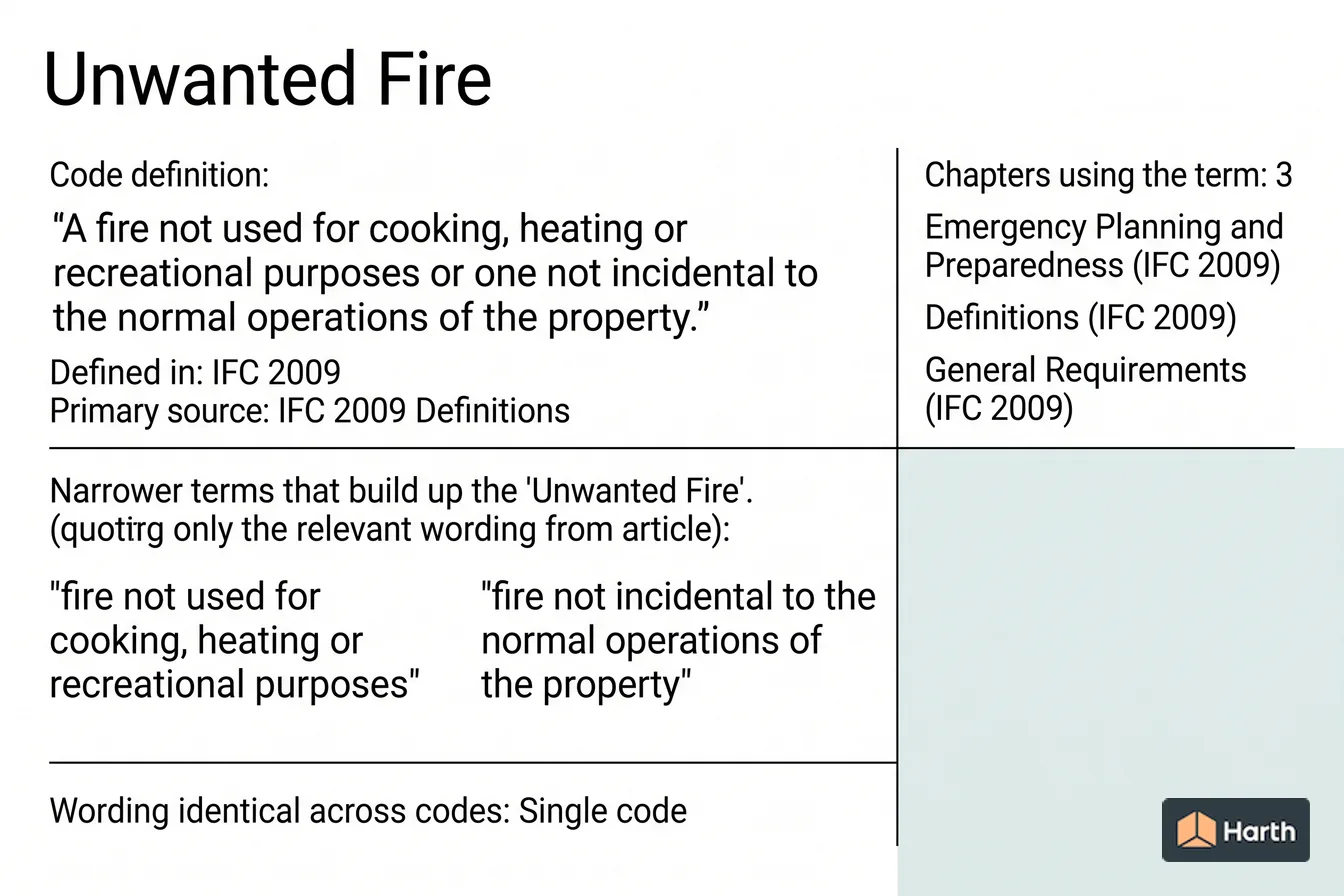 Labeled code-term definition diagram: Unwanted Fire: Building Code Definition