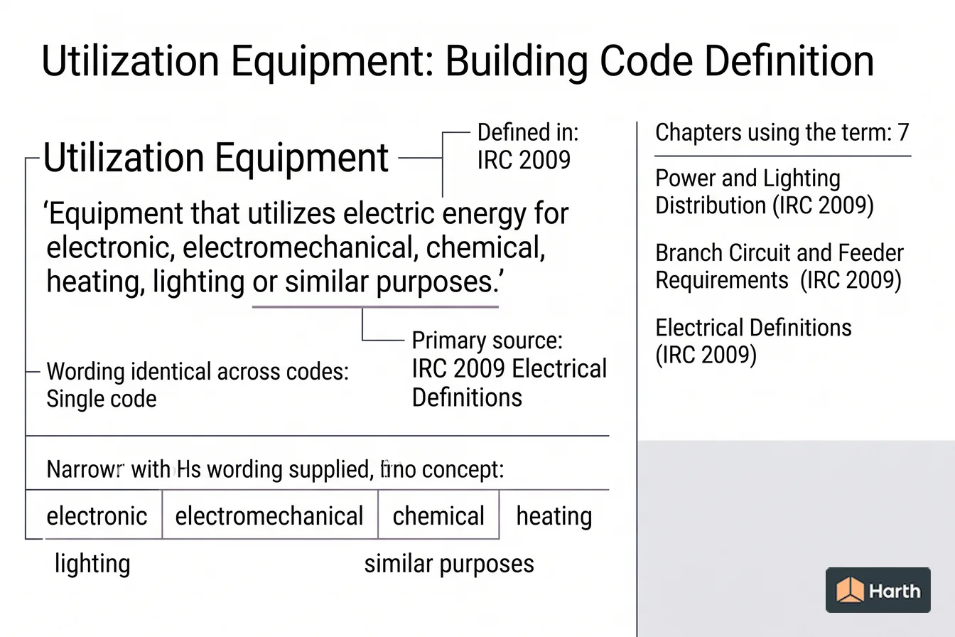Labeled code-term definition diagram: Utilization Equipment: Building Code Definition