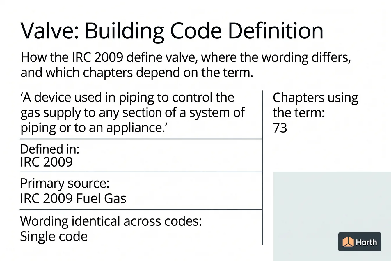 Labeled code-term definition diagram: Valve: Building Code Definition