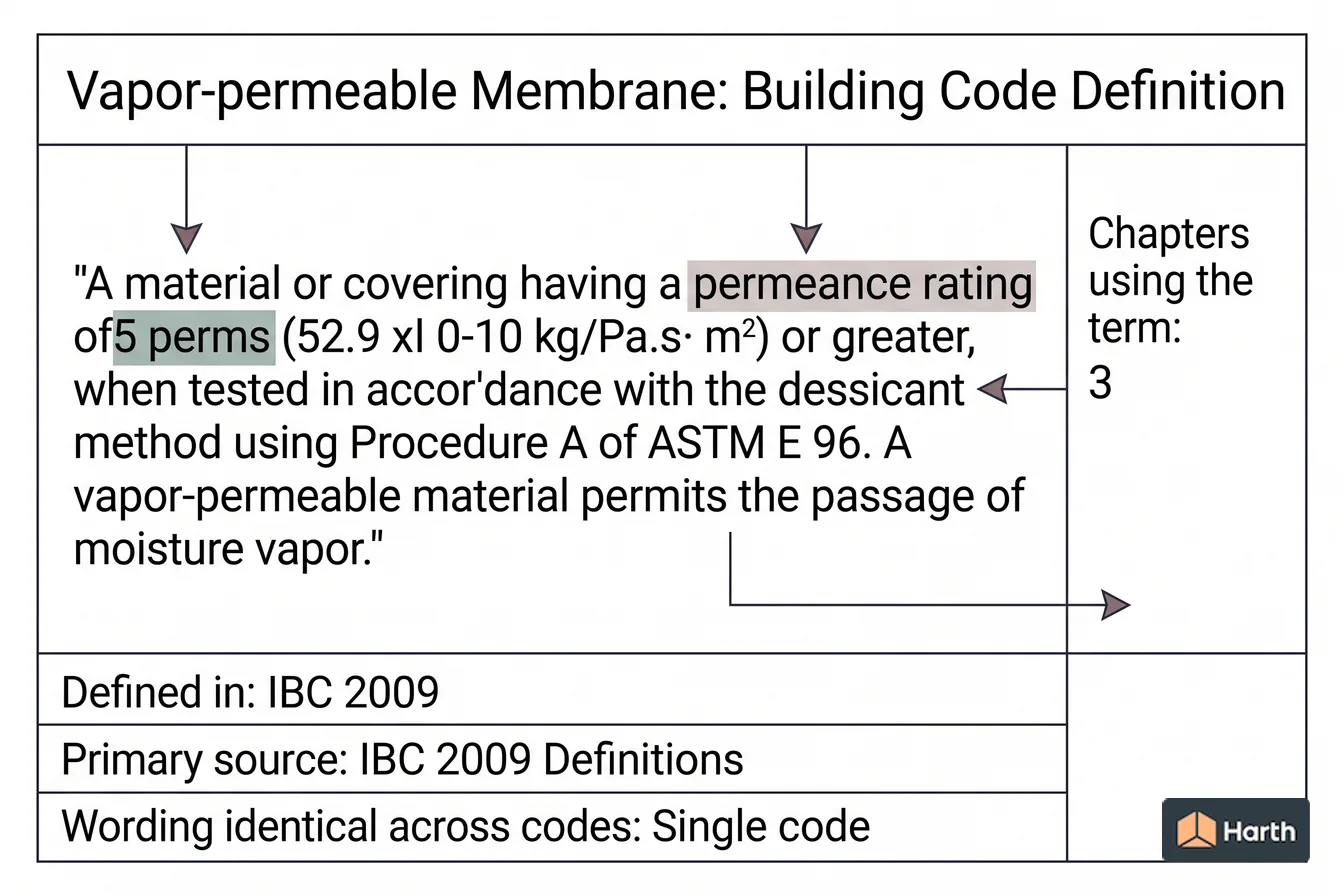 Labeled code-term definition diagram: Vapor-permeable Membrane: Building Code Definition