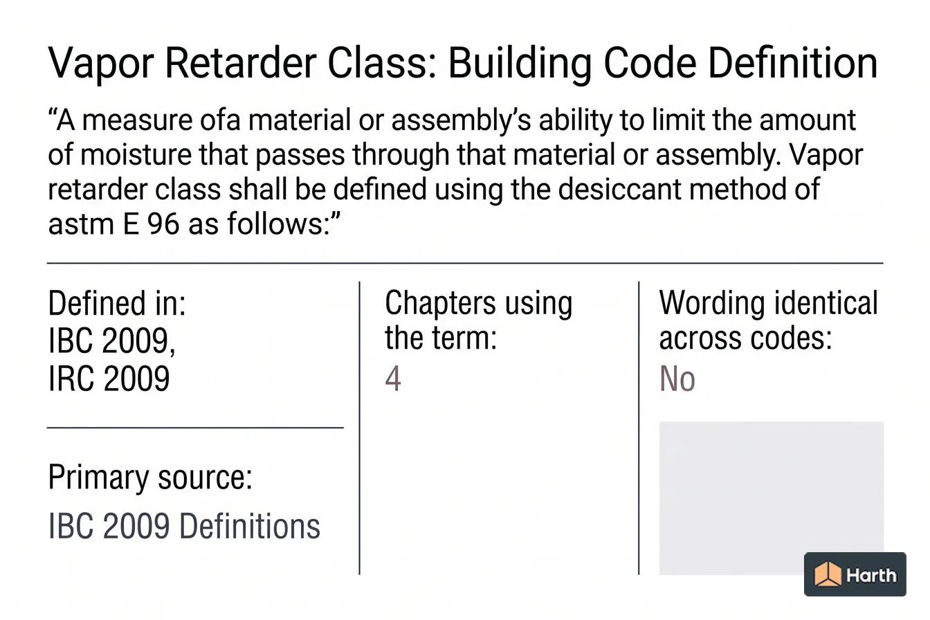 Labeled code-term definition diagram: Vapor Retarder Class: Building Code Definition