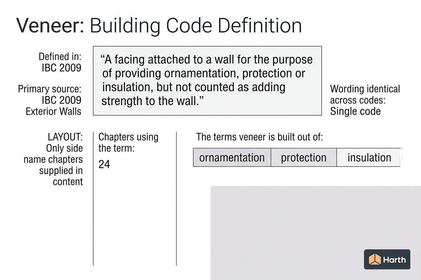 Labeled code-term definition diagram: Veneer: Building Code Definition