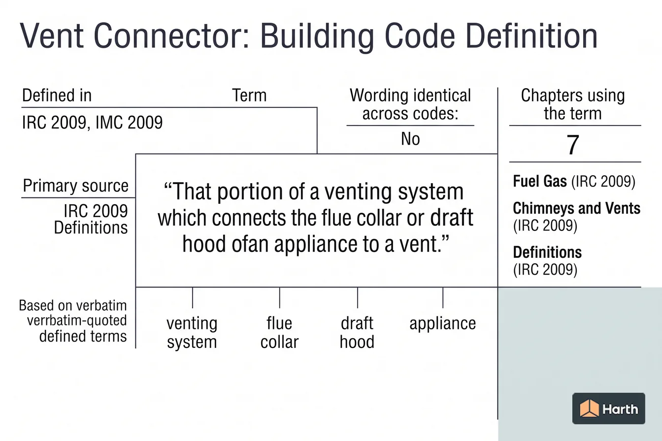 Labeled code-term definition diagram: Vent Connector: Building Code Definition