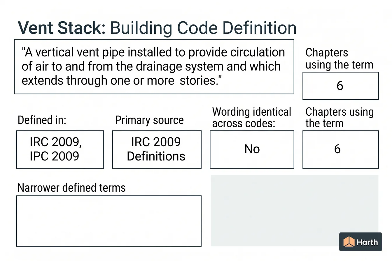 Labeled code-term definition diagram: Vent Stack: Building Code Definition