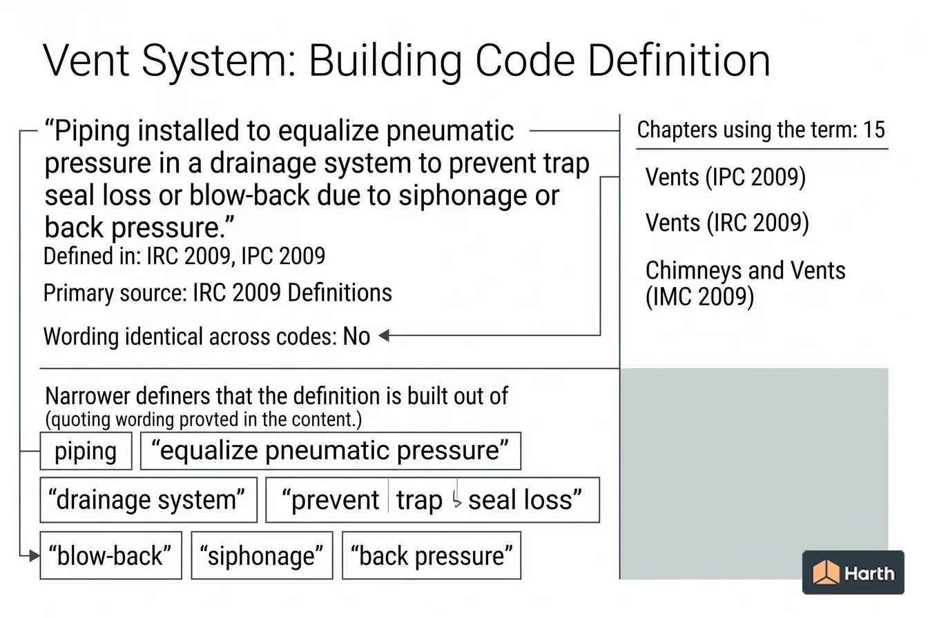 Labeled code-term definition diagram: Vent System: Building Code Definition