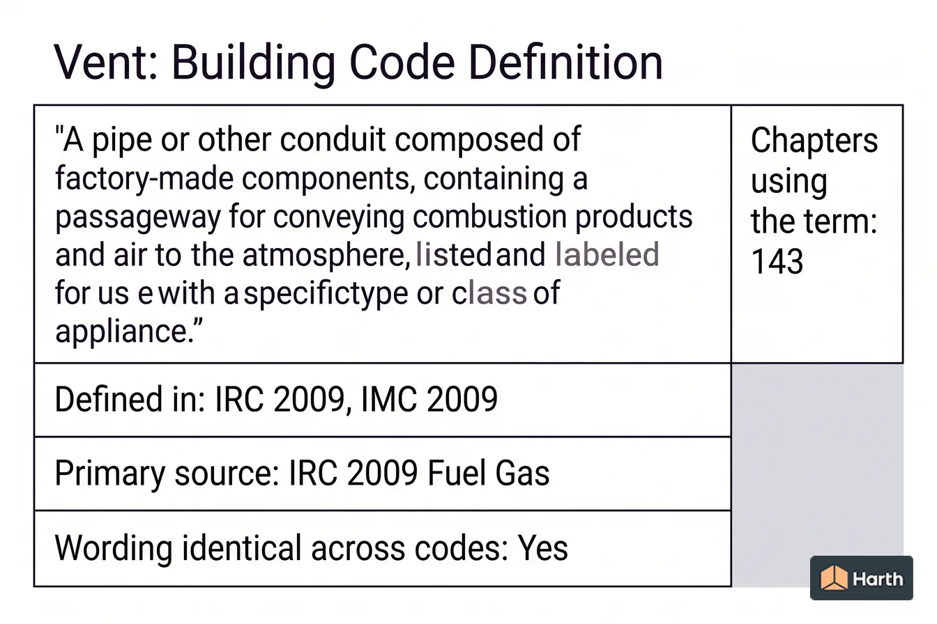 Labeled code-term definition diagram: Vent: Building Code Definition