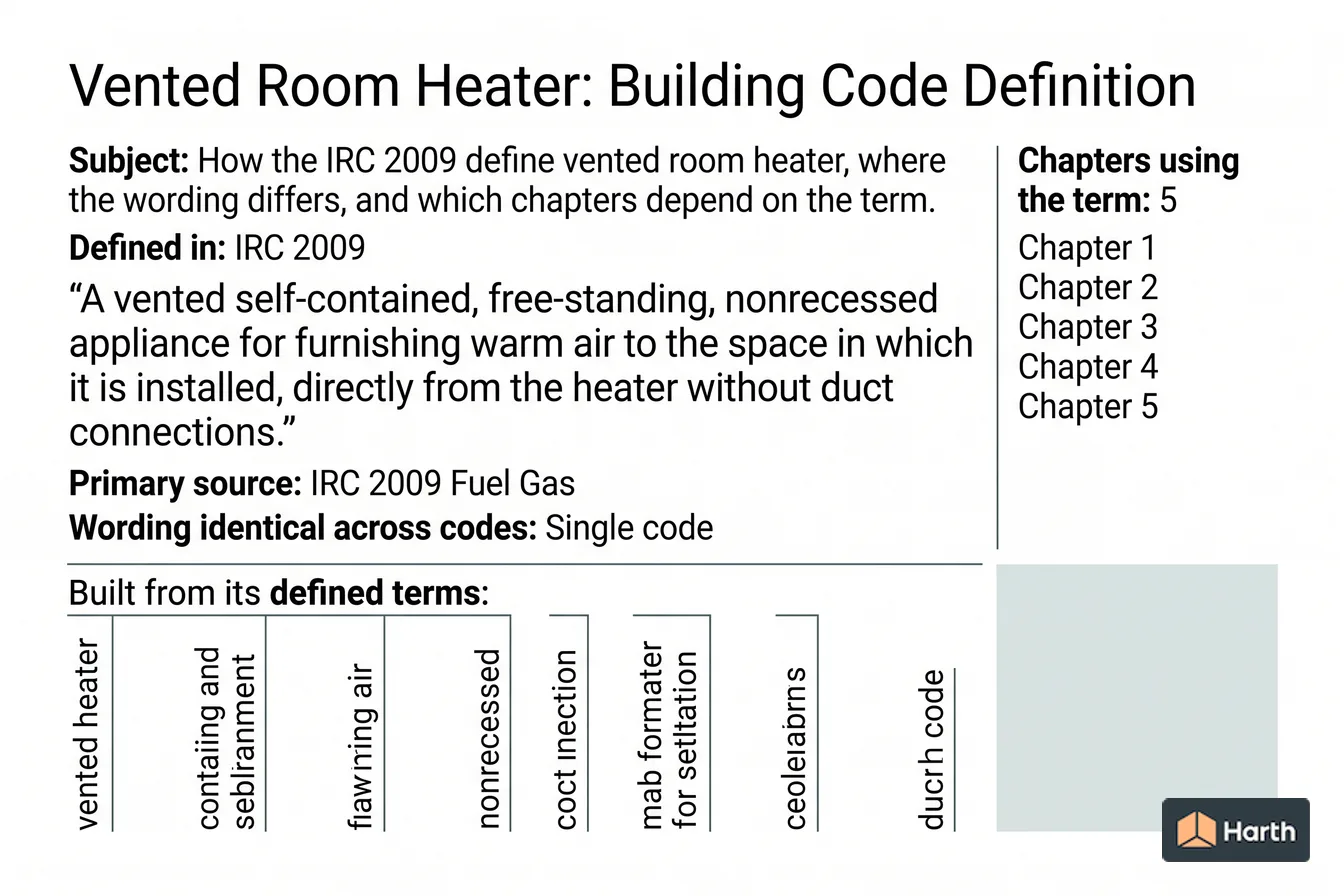 Labeled code-term definition diagram: Vented Room Heater: Building Code Definition
