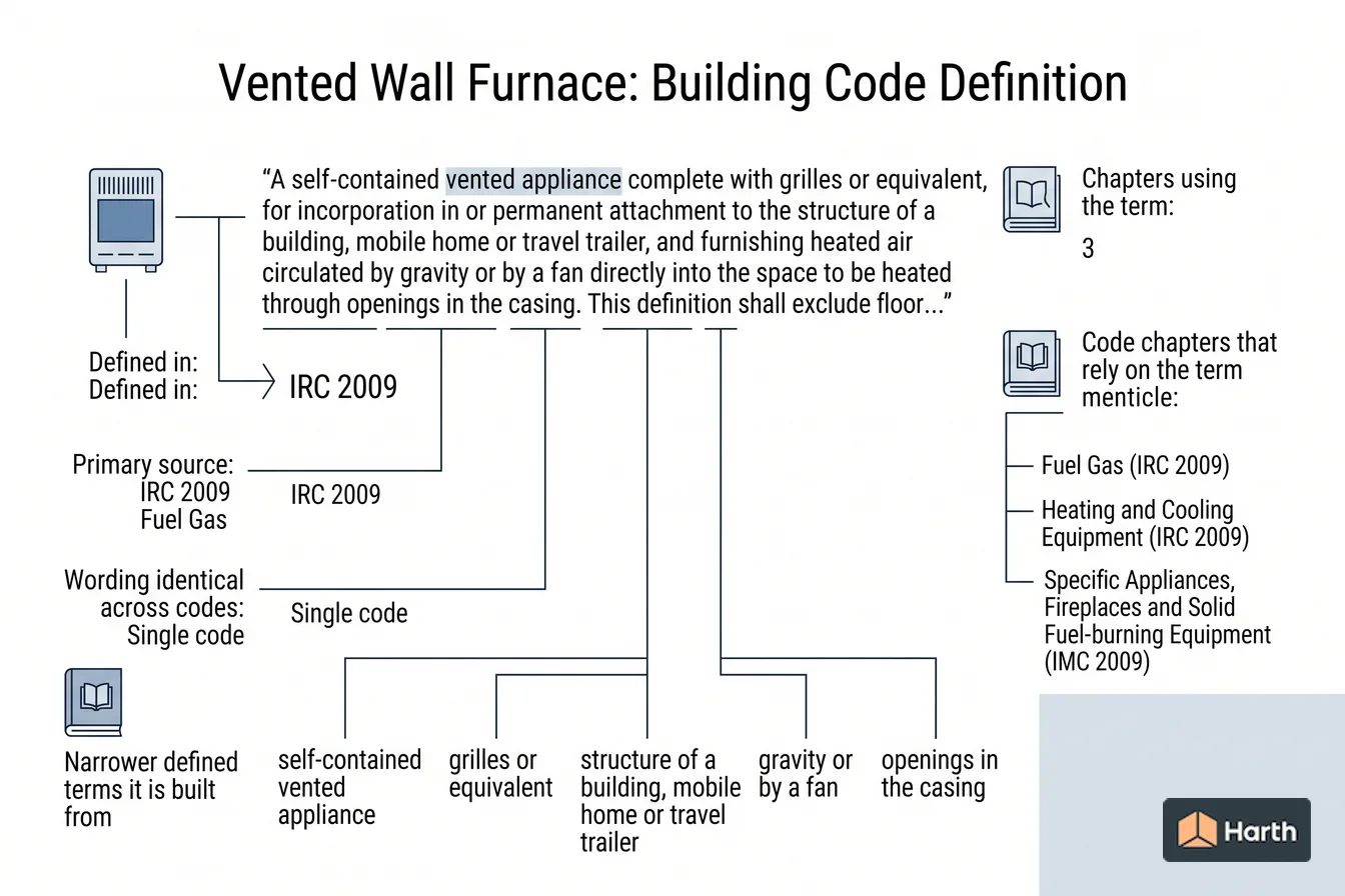 Labeled code-term definition diagram: Vented Wall Furnace: Building Code Definition