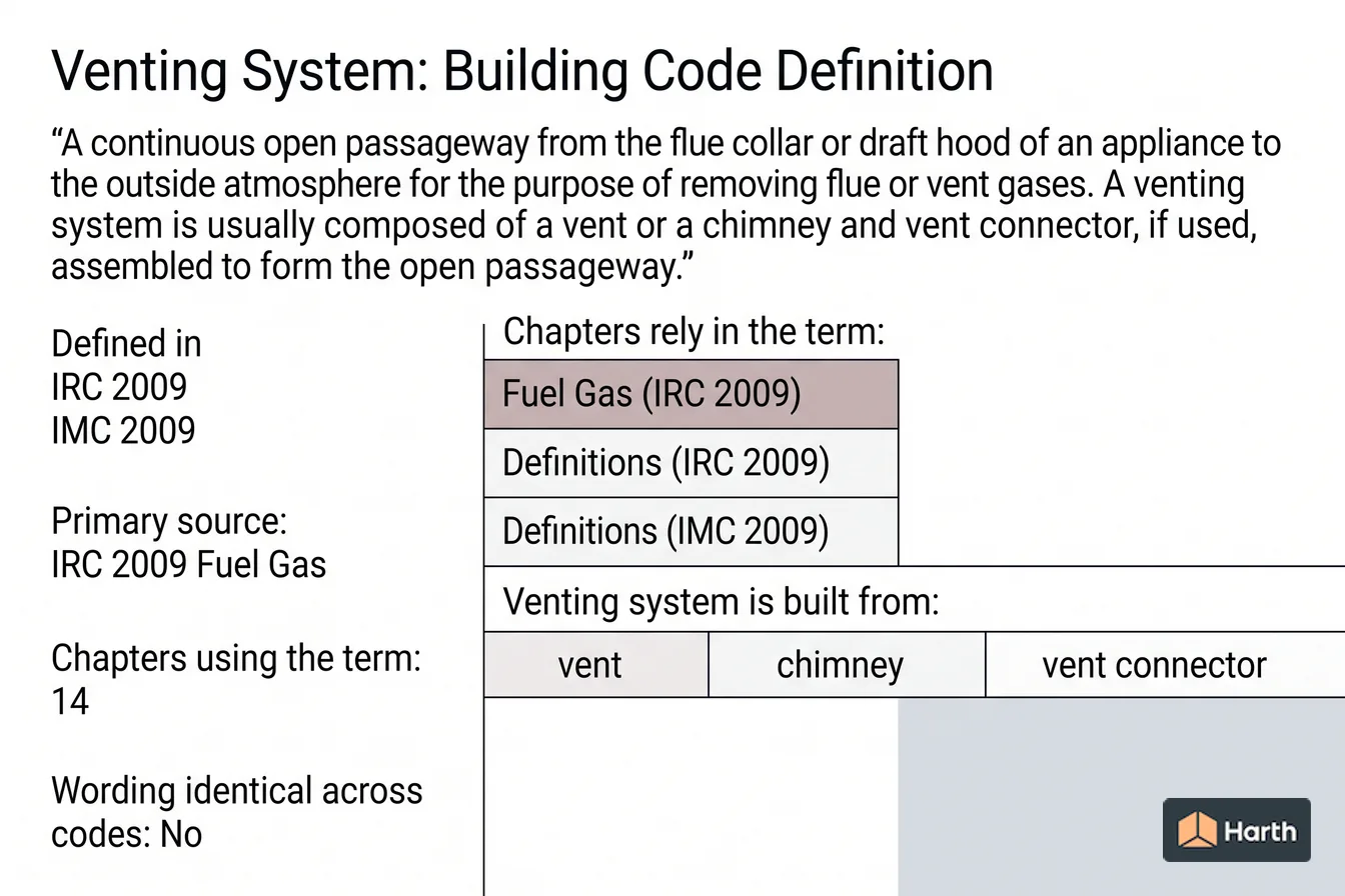 Labeled code-term definition diagram: Venting System: Building Code Definition