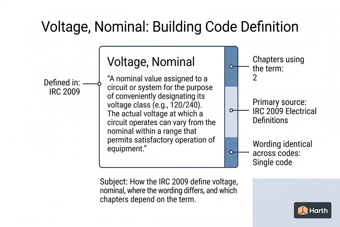 Labeled code-term definition diagram: Voltage, Nominal: Building Code Definition