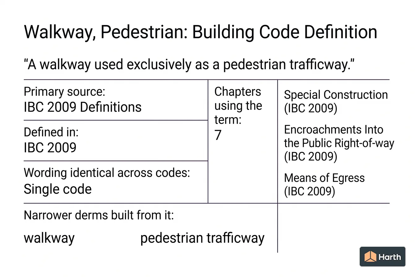 Labeled code-term definition diagram: Walkway, Pedestrian: Building Code Definition