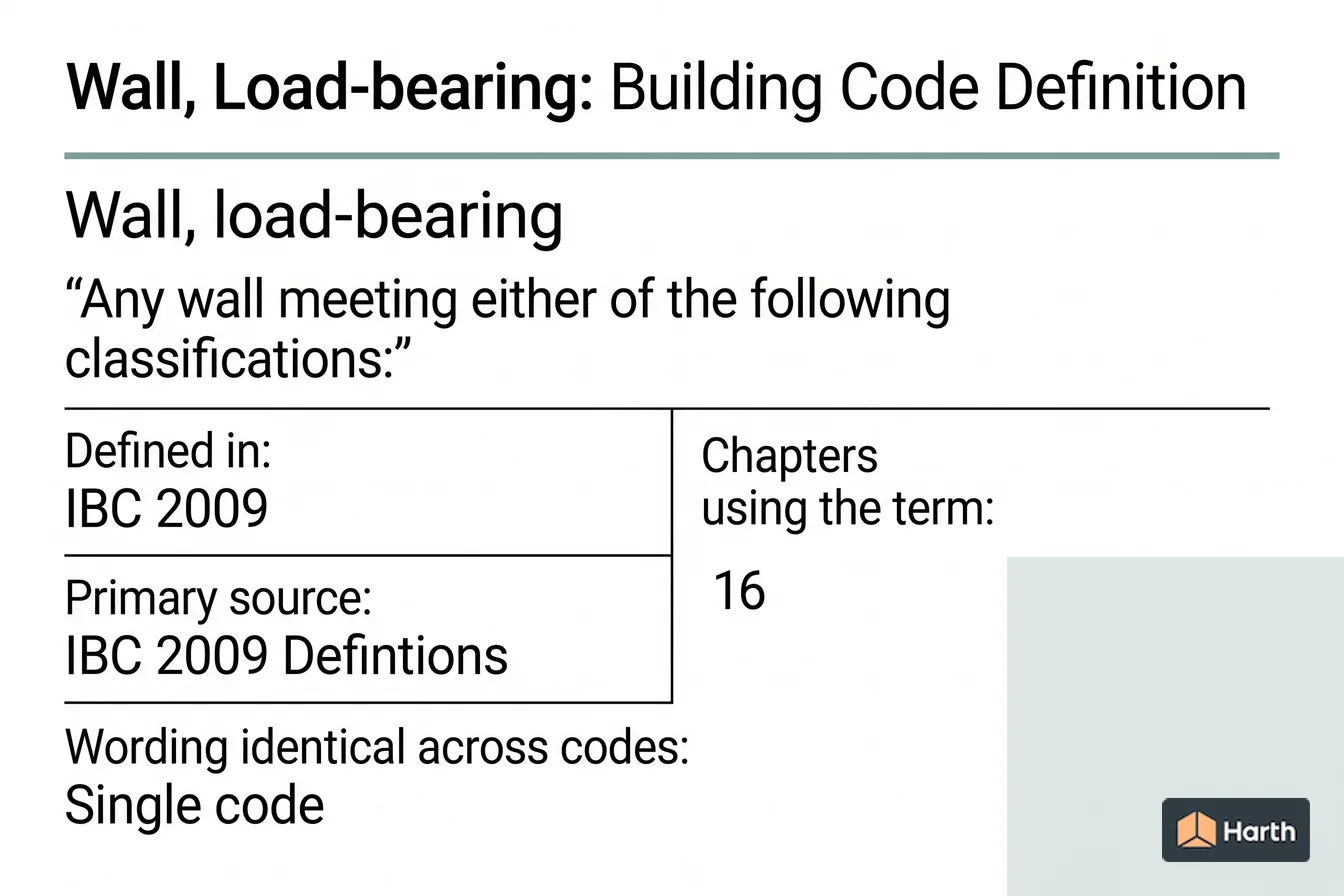 Labeled code-term definition diagram: Wall, Load-bearing: Building Code Definition