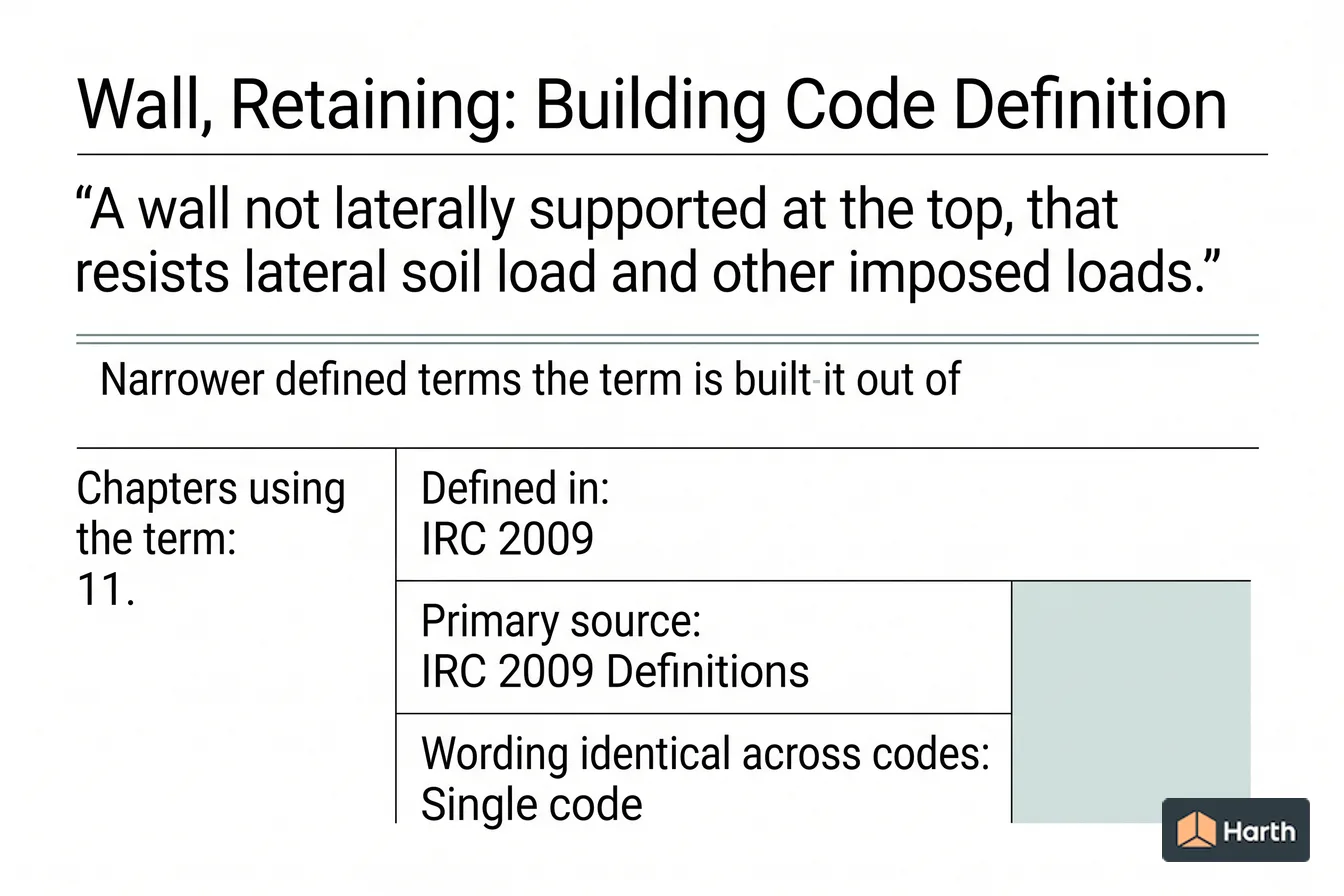 Labeled code-term definition diagram: Wall, Retaining: Building Code Definition