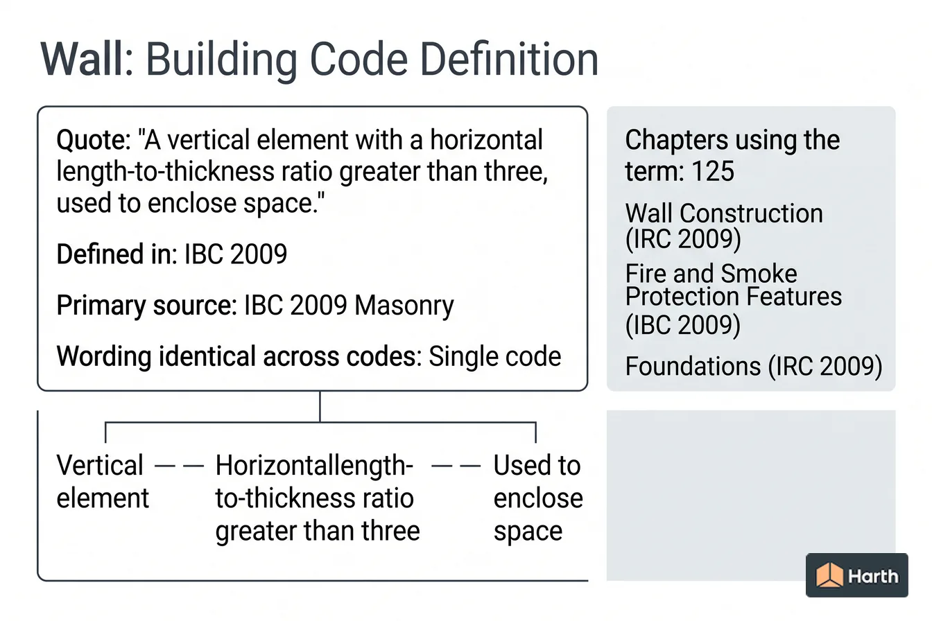 Labeled code-term definition diagram: Wall: Building Code Definition