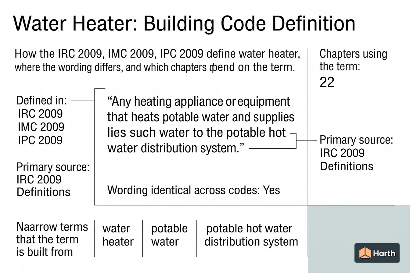 Labeled code-term definition diagram: Water Heater: Building Code Definition