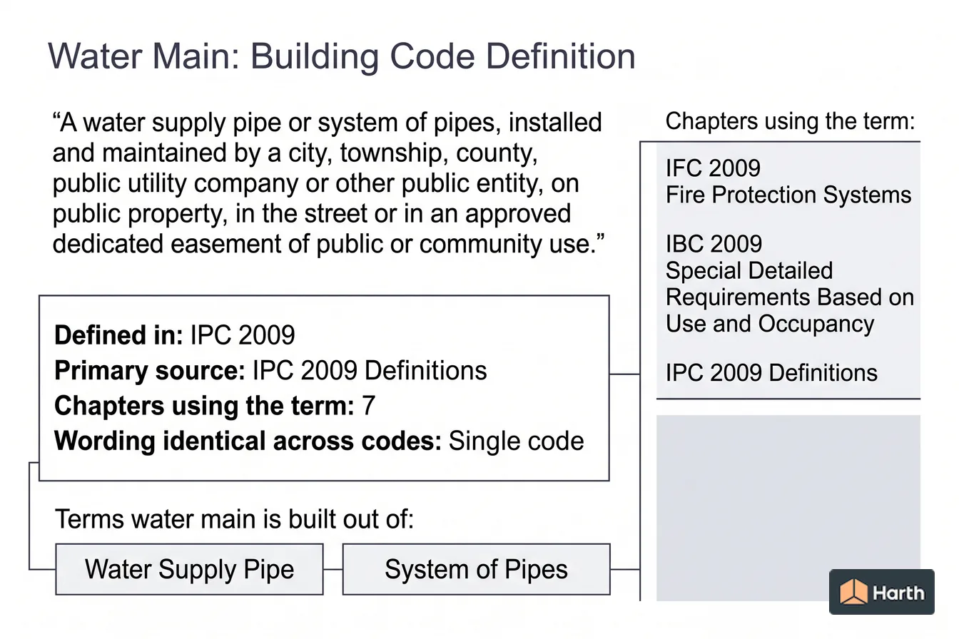 Labeled code-term definition diagram: Water Main: Building Code Definition