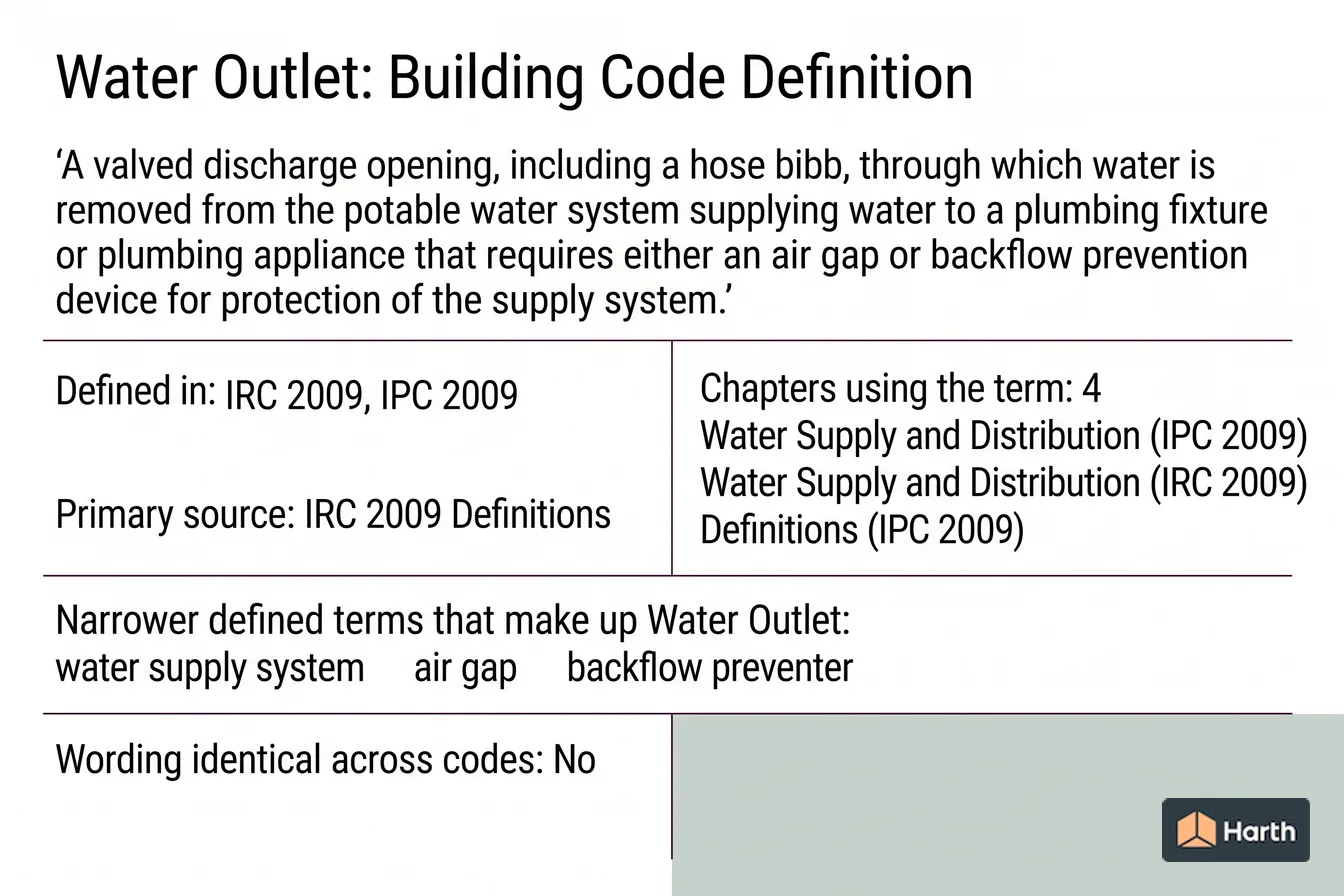 Labeled code-term definition diagram: Water Outlet: Building Code Definition