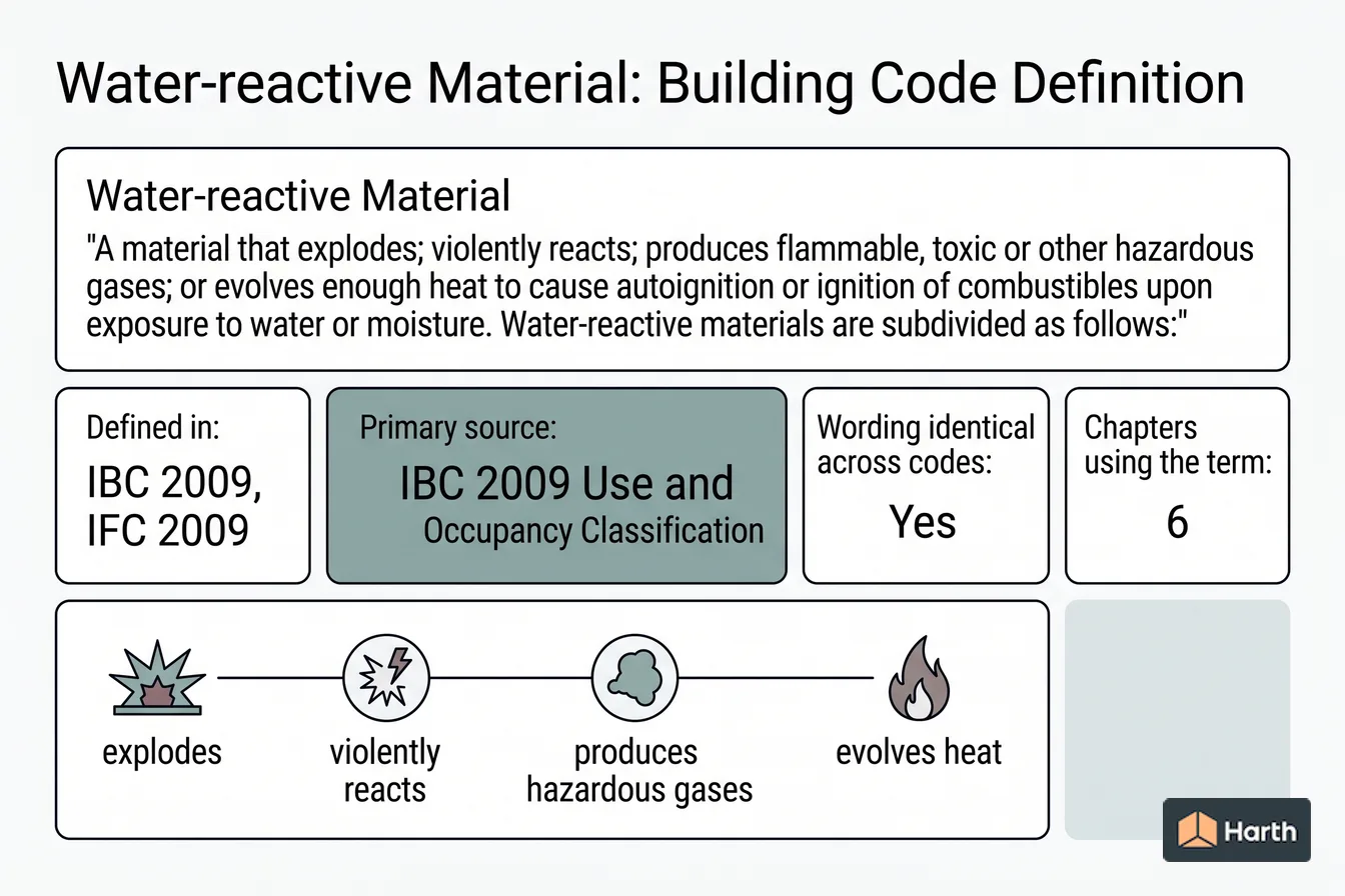 Labeled code-term definition diagram: Water-reactive Material: Building Code Definition