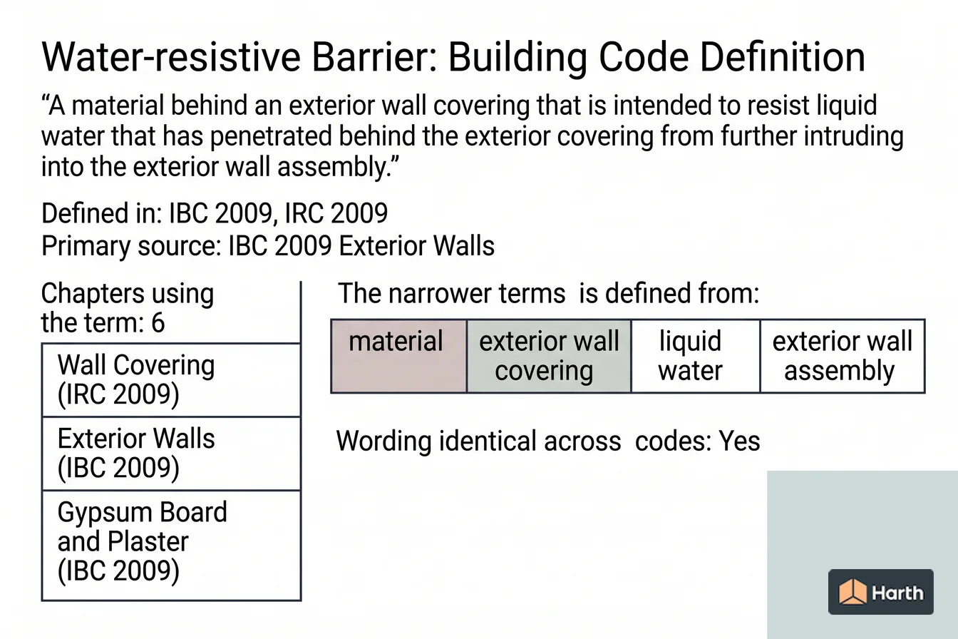 Labeled code-term definition diagram: Water-resistive Barrier: Building Code Definition