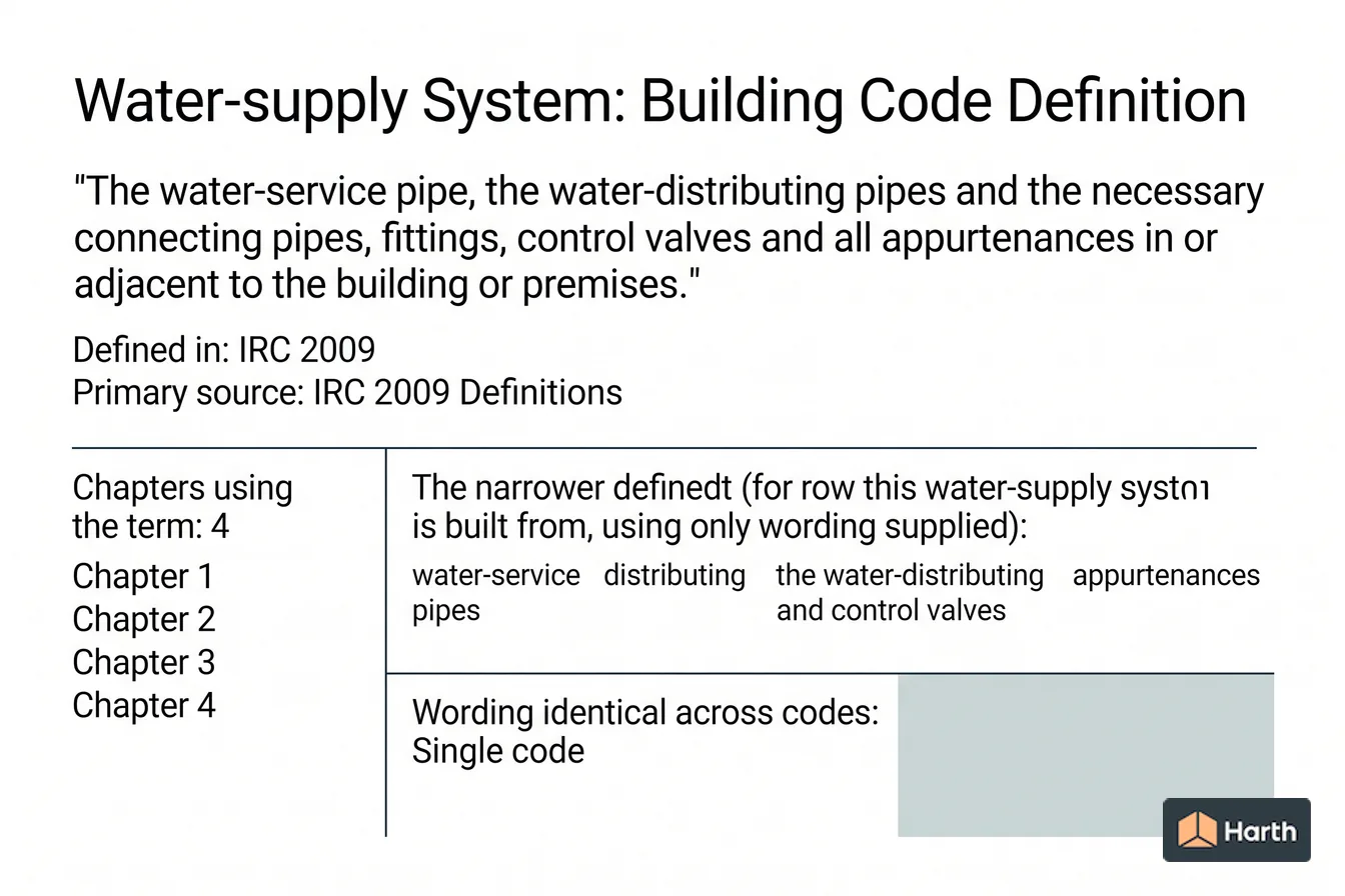 Labeled code-term definition diagram: Water-supply System: Building Code Definition