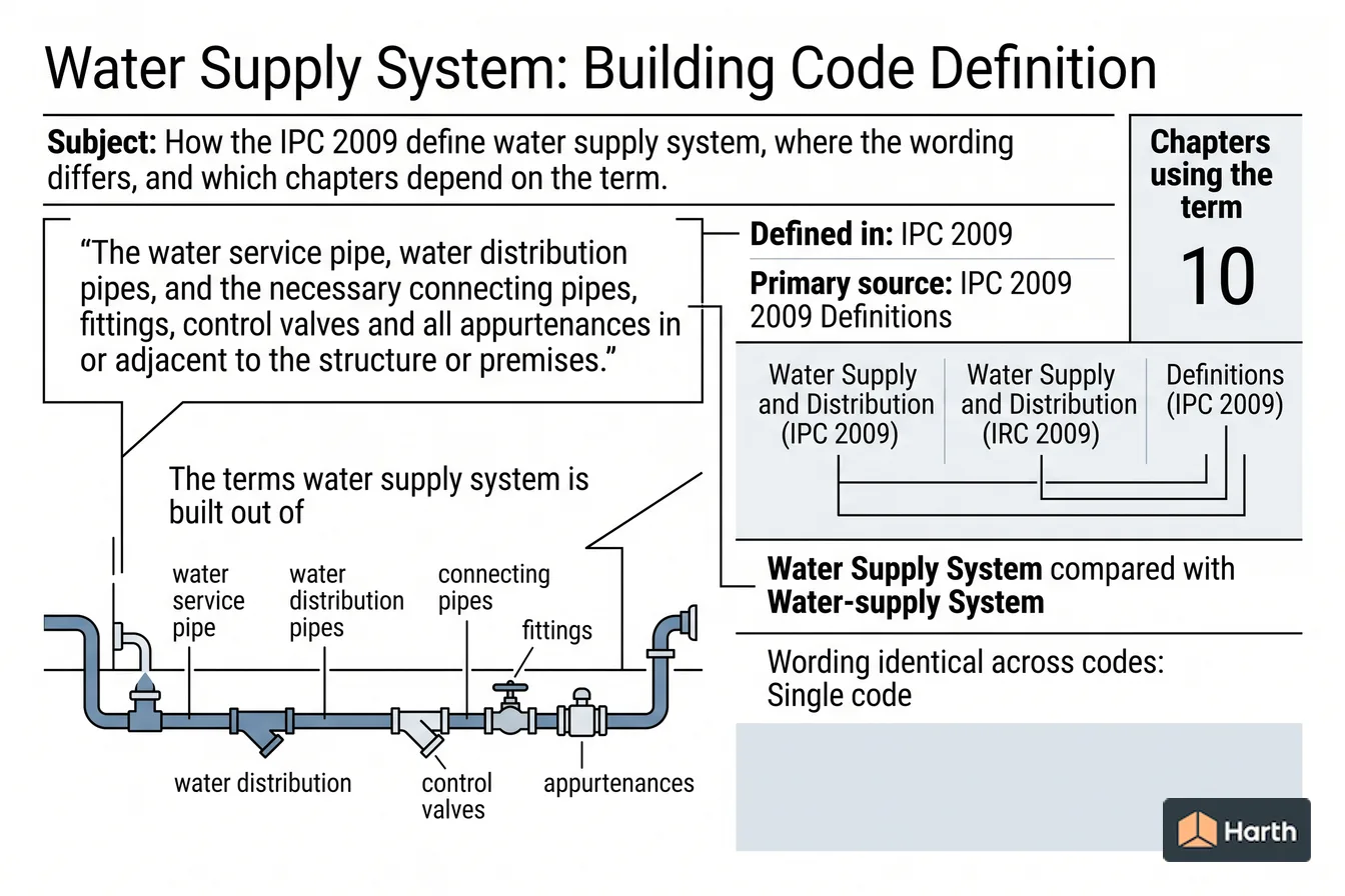 Labeled code-term definition diagram: Water Supply System: Building Code Definition