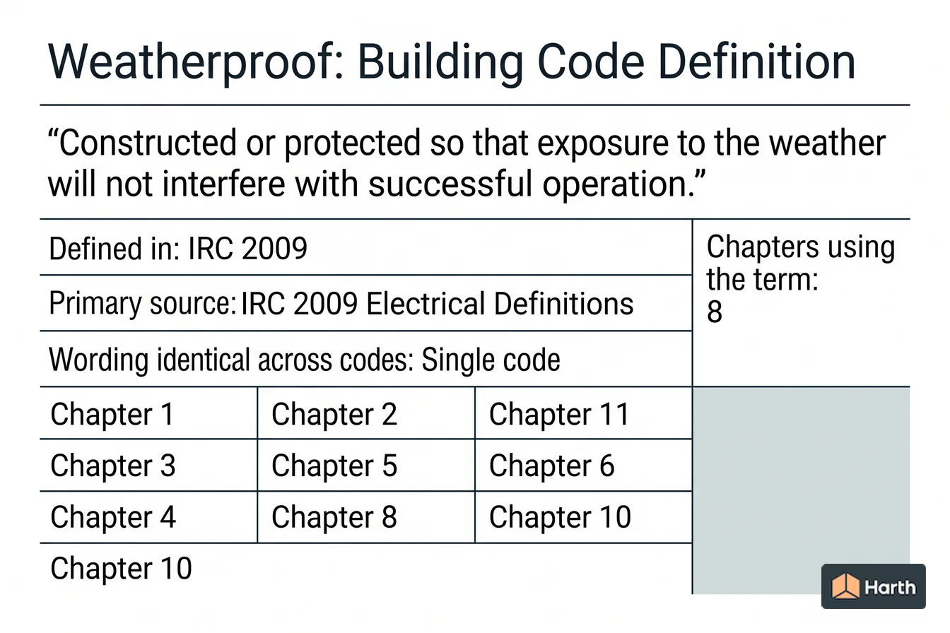 Labeled code-term definition diagram: Weatherproof: Building Code Definition