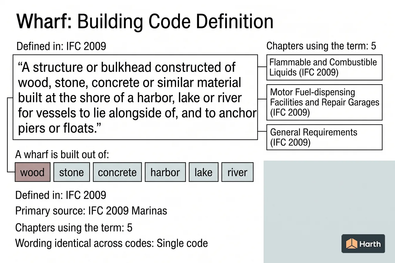 Labeled code-term definition diagram: Wharf: Building Code Definition