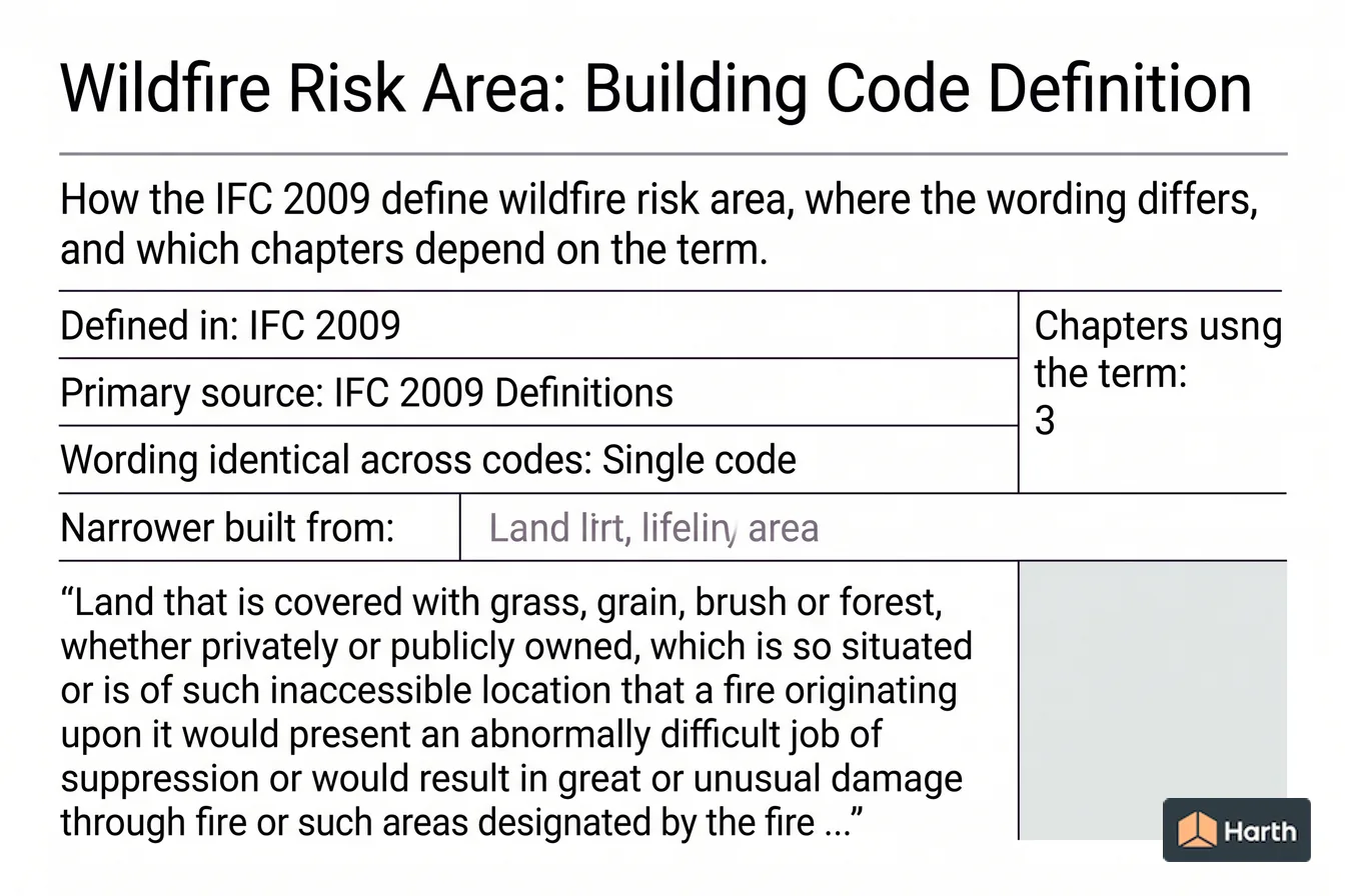 Labeled code-term definition diagram: Wildfire Risk Area: Building Code Definition